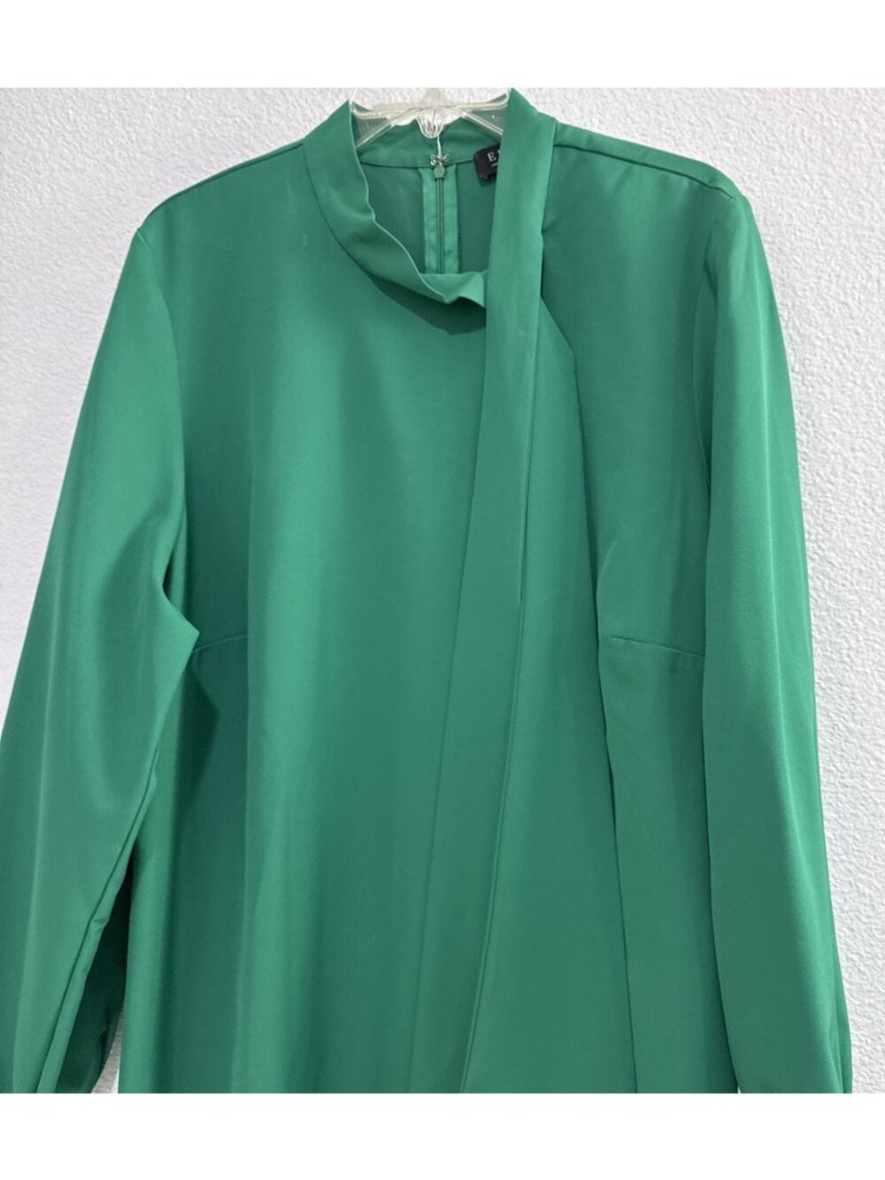 Elloquii Green Tie Neck Workwear Career Knee Length Pearl Button Sleeve Dress - Picture 3 of 7